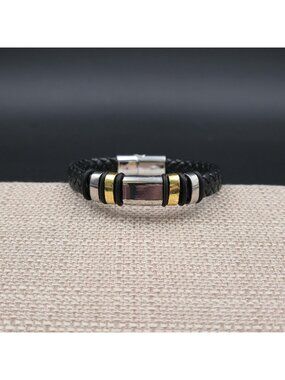 7 Inch Stainless Steel Braided Leather Two Tone Bracelet B1165